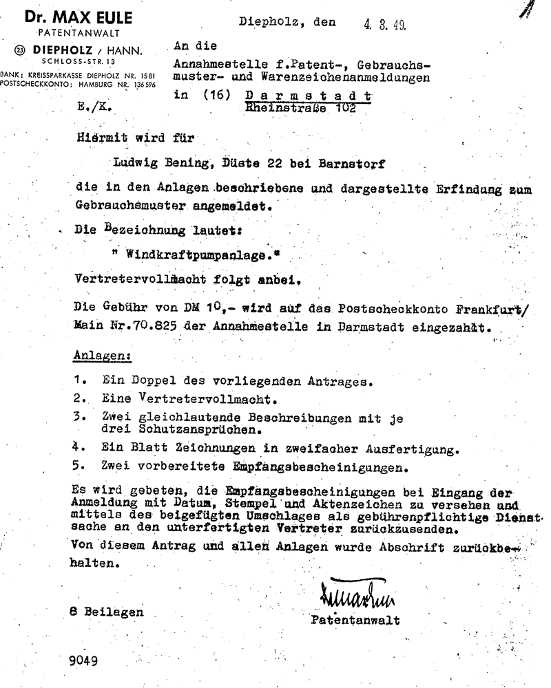 Gebrauchsmuster der Windkraftpumpanlage aus dem Jahr 1949